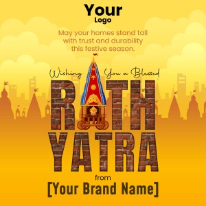 Rath Yatra festival greeting with a brick-themed chariot and cityscape.