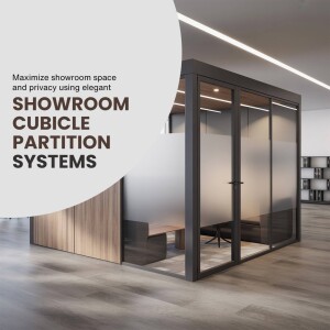Modern showroom partition system with glass walls and wooden accents
