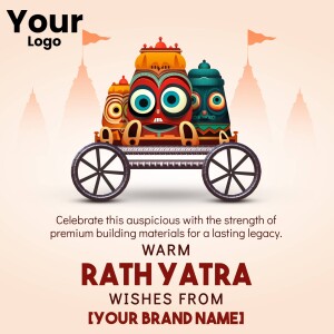 Colorful illustration of a Rath Yatra chariot with text wishing a happy Rath Yatra.