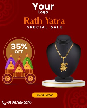 Rath Yatra Sale Advertisement featuring gold necklace and chariot illustrations.