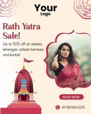 Rath Yatra Sale advertisement featuring a woman in a saree and a temple illustration.