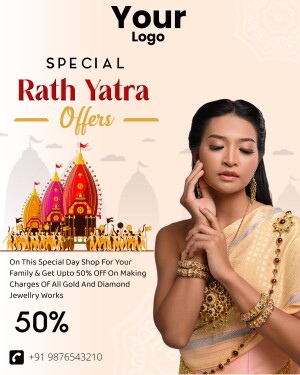 Rath Yatra jewelry offer featuring a woman in traditional attire and a temple background.