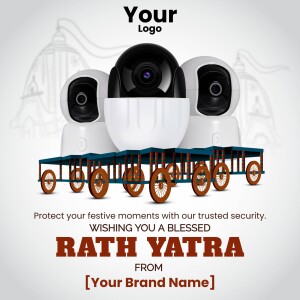 Security cameras on a Rath Yatra chariot with festive greetings.