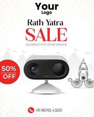 Rath Yatra Sale advertisement featuring a security camera and festive decorations.