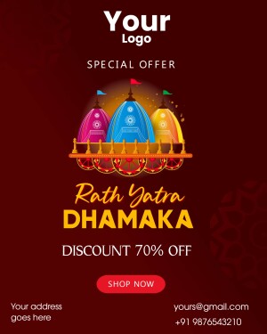 Rath Yatra festival offer with colorful chariots and discount promotion.