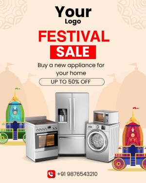 Festival Sale advertisement featuring appliances and festive decorations.