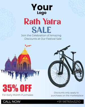 Rath Yatra Sale advertisement featuring a bicycle and temple illustration.