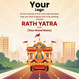 Rath Yatra festival image with a chariot and city background