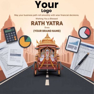 Rath Yatra themed image with financial elements like charts, calculator, and documents.