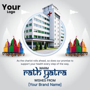 Rath Yatra wishes from a healthcare provider with a hospital building and chariots.