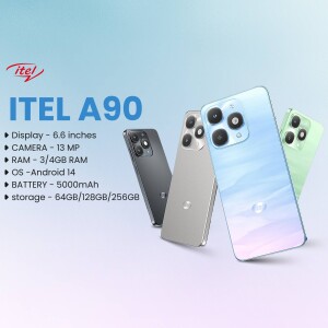 itel A90 smartphone in multiple colors with specifications