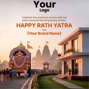 Rath Yatra festival celebration with a temple and chariot in the background.