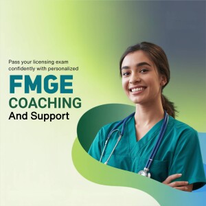 Young female doctor smiling with FMGE coaching advertisement