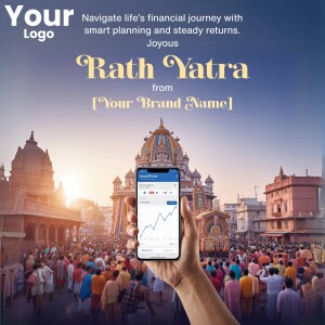 Image depicting Rath Yatra festival with a mobile phone displaying financial charts.
