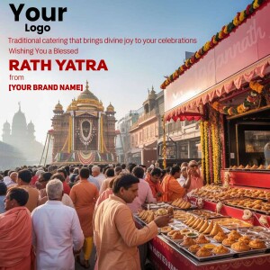 Image of a Rath Yatra procession with a food stall in the foreground.