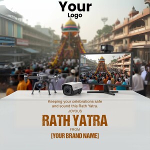 Rath Yatra celebration with security cameras and drone displayed on a TV screen.
