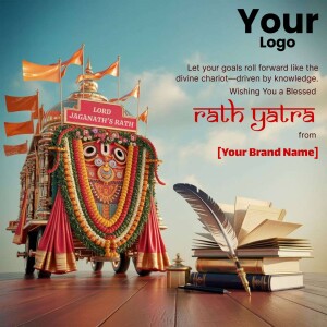 Image depicting Lord Jagannath's chariot during Rath Yatra festival with a quill and books.