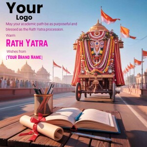 Image depicting a Rath Yatra chariot with educational elements like books and stationery.