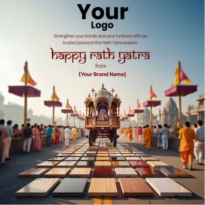 Rath Yatra festival image with plywood samples and branding.