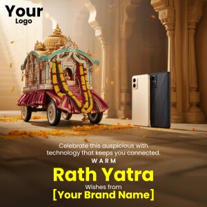 Smartphone advertisement featuring a Rath Yatra chariot and festive decorations.