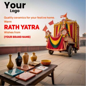 Image of a Rath Yatra chariot with ceramic products in the foreground, promoting festive home decor.