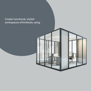 Glass office pod in a light grey room