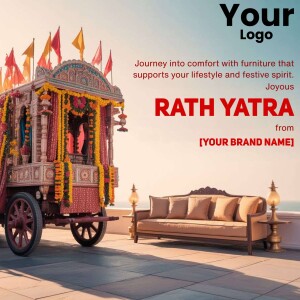 Image of a decorated Rath Yatra chariot with furniture in the foreground, promoting a furniture brand.
