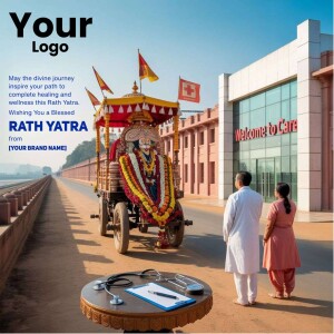 Image of a Rath Yatra procession with a decorated chariot and people in traditional attire.
