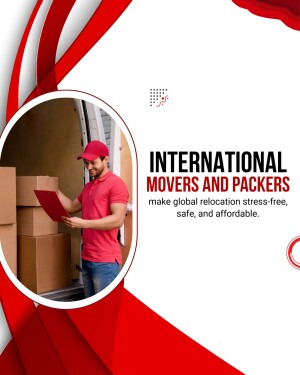 Image of a mover with a clipboard in front of a moving van, promoting international moving services.