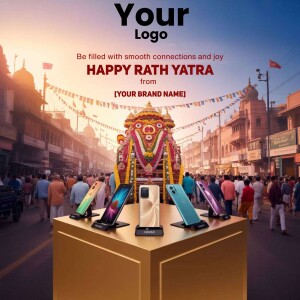 Rath Yatra celebration with smartphones displayed in the foreground