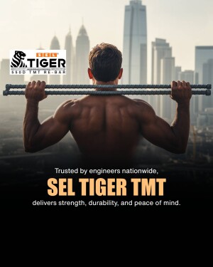 Man lifting a steel bar with a cityscape background and SEL TIGER TMT logo.