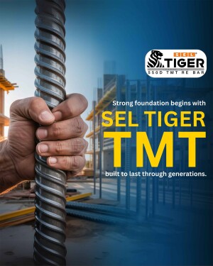 A hand gripping a SEL TIGER TMT rebar with a construction site in the background.