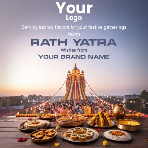Rath Yatra festival wishes with traditional food and temple backdrop