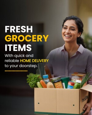 Woman holding a box of fresh grocery items with text 'Fresh Grocery Items' and 'Home Delivery'