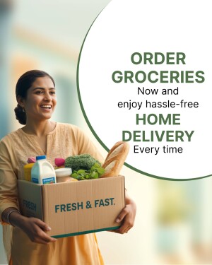 Woman holding a box of groceries with text promoting online grocery ordering and home delivery.