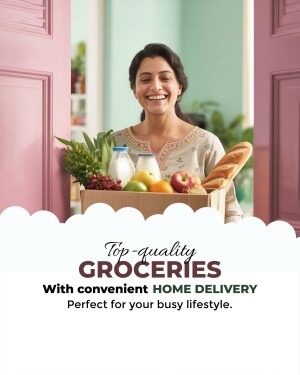 Woman holding a box of fresh groceries at her doorstep with text promoting home delivery.