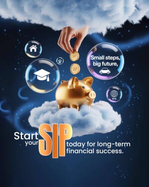 Golden piggy bank on clouds with bubbles representing financial goals and the text 'Start SIP'