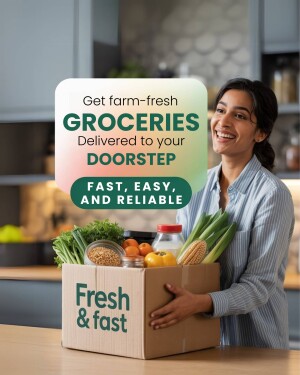 Woman holding a box of fresh groceries with a delivery advertisement.