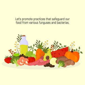 Illustration of fresh fruits and vegetables with text promoting food safety.