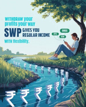 Woman using phone by a river of Indian Rupees promoting Systematic Withdrawal Plan (SWP)