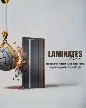 A promotional image showcasing a laminate door being tested for durability with a wrecking ball impact.