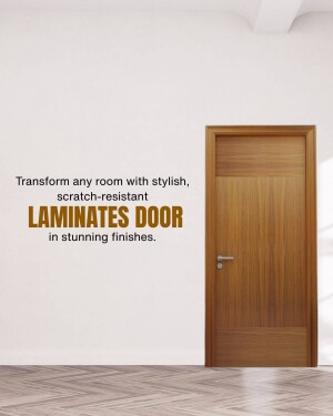 A wooden laminate door against a white wall with text advertising scratch-resistant finishes.