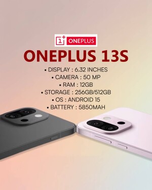 OnePlus 13S smartphone in black and pink colors with key specifications.