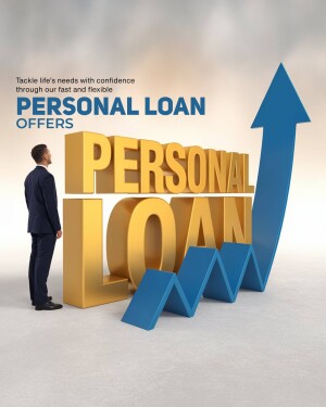 Image depicting a man looking at a large 3D text 'PERSONAL LOAN' with an upward arrow, representing financial growth.