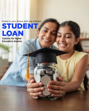 Mother and daughter with a graduation cap and a jar of coins representing student loan savings.
