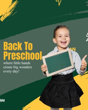 A young girl holding a chalkboard with the text 'Back to Preschool' and the tagline 'where little hands create big wonders every day!'