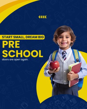 A young boy in school uniform holding books and an apple, promoting preschool reopening.