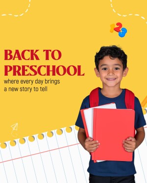 A young boy with a backpack and books, promoting back to preschool.