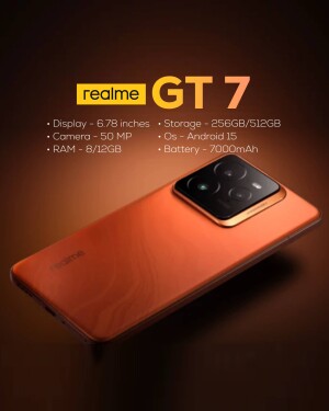 Close-up of the orange Realme GT 7 smartphone with specifications listed.