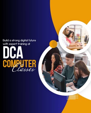 Promotional image for DCA Computer Classes showing students learning and text highlighting expert training.